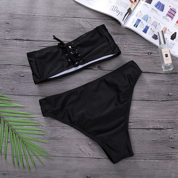 New Lace-up Back Bandeau Highwaisted Bikini Set - Picture 5 of 11